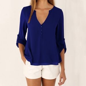 Blue Long Sleeve Shirt Casual Chiffon Blouse